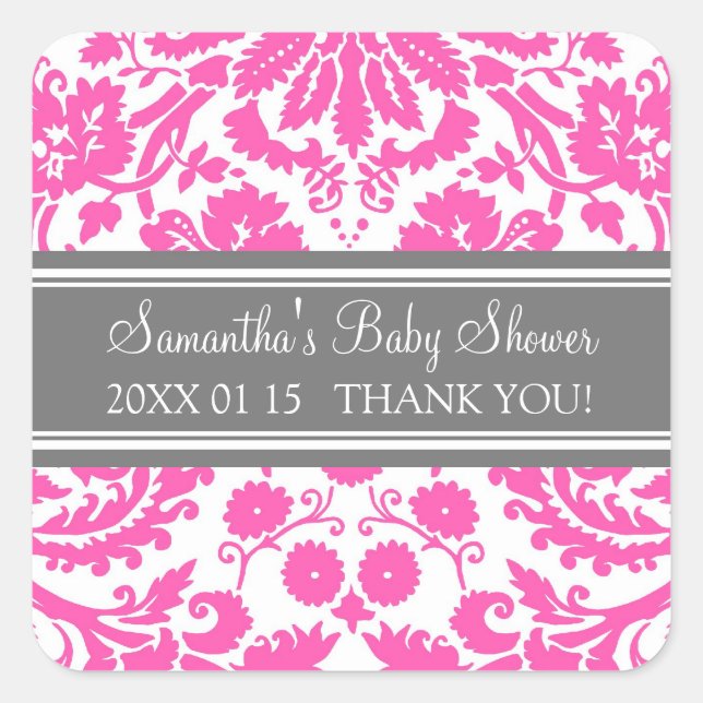 Pink Gray Damask Baby Shower Favor Stickers (Front)