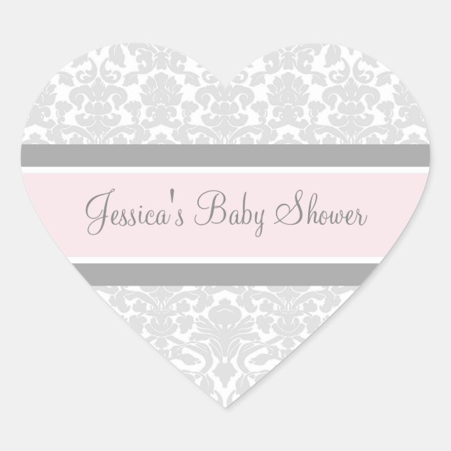 Pink Gray Damask Baby Shower Favor Stickers (Front)