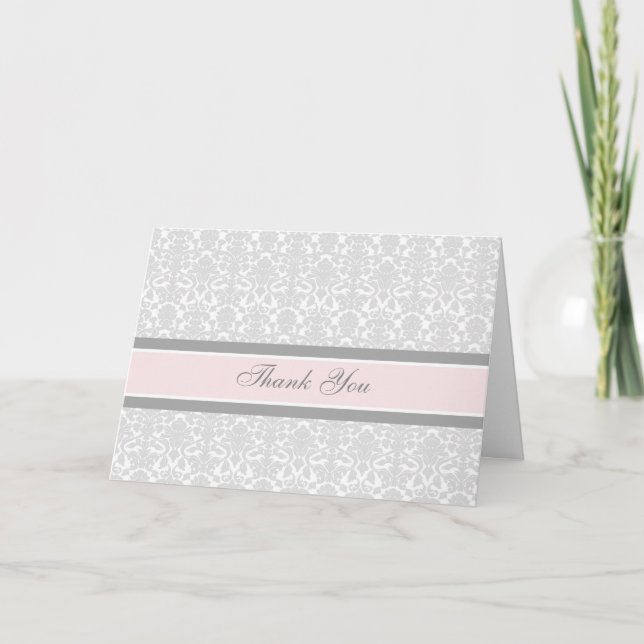 Pink Gray Damask Baby Shower Thank You Card (Front)