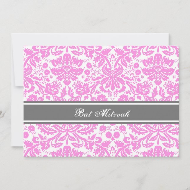 Pink Gray Damask Bat Mitzvah Invitations (Front)