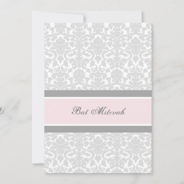 Pink Gray Damask Bat Mitzvah Invitations (Front)