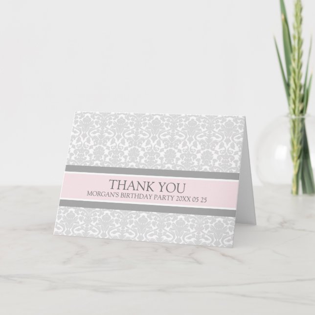 Pink Gray Damask Birthday Party Thank You Card (Front)