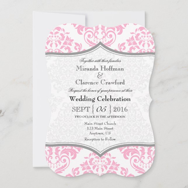 Pink Gray Damask Bracket Wedding Invite (Front)