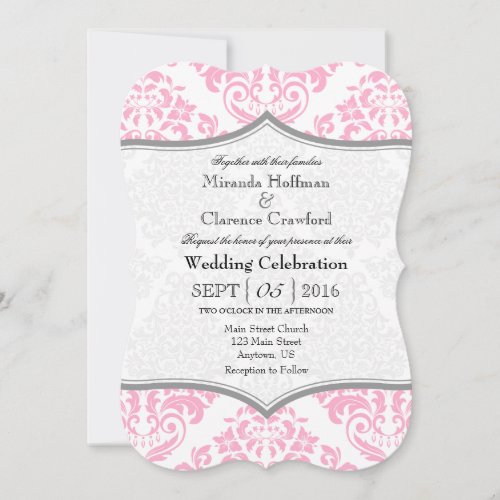 Pink Gray Damask Bracket Wedding Invite