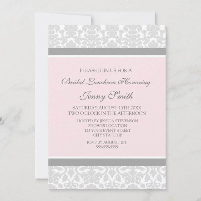 Pink Gray Damask Bridal Lunch Invitation Cards (Back)