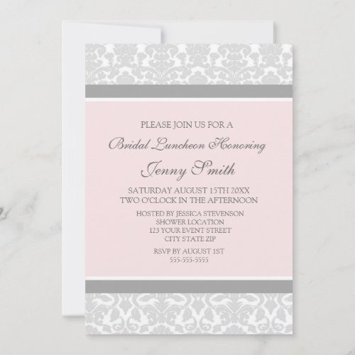 Pink Gray Damask Bridal Lunch Invitation Cards
