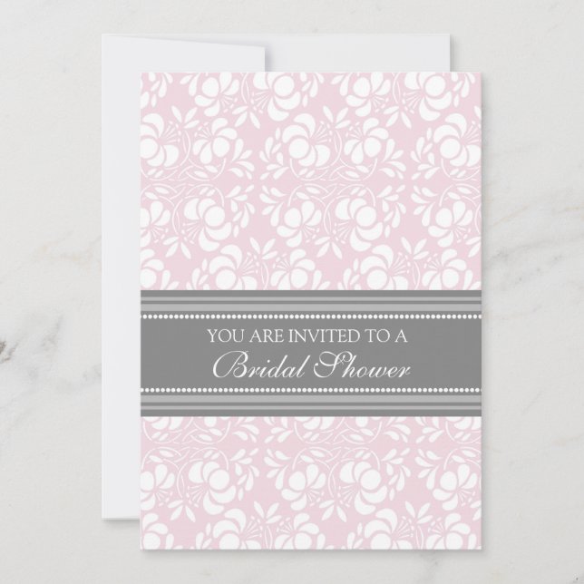 Pink Gray Damask Bridal Shower Invitation Cards (Front)