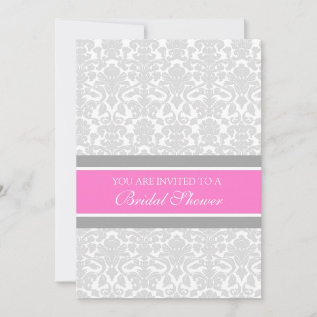 Pink Gray Damask Bridal Shower Invitation Cards (Front)