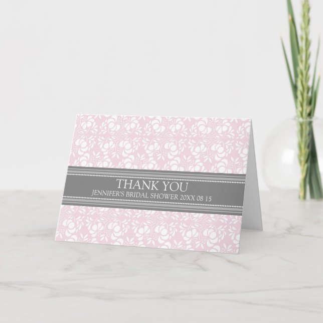 Pink Gray Damask Bridal Shower Thank You Card (Front)