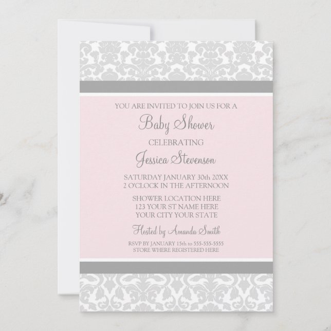 Pink Gray Damask Custom Baby Shower Invitations (Back)