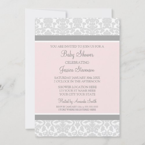 Pink Gray Damask Custom Baby Shower Invitations