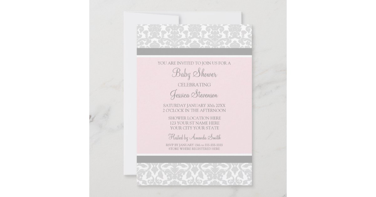 pink and grey damask baby shower invitations