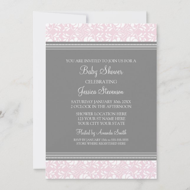 Pink Gray Damask Custom Baby Shower Invitations (Back)