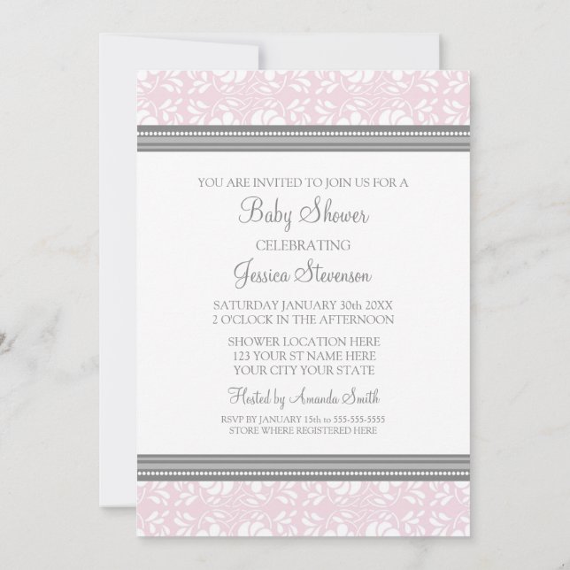 Pink Gray Damask Custom Baby Shower Invitations (Back)