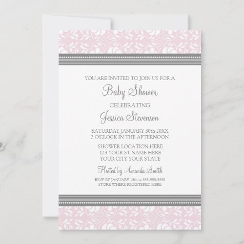 Pink Gray Damask Custom Baby Shower Invitations