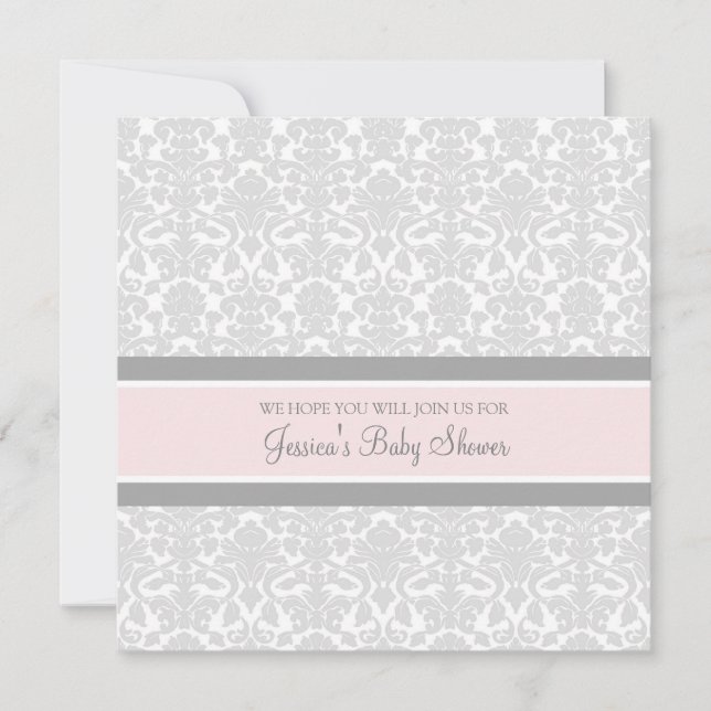Pink Gray Damask Custom Baby Shower Invitations (Front)
