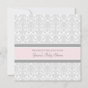 Pink Gray Damask Custom Baby Shower Invitations