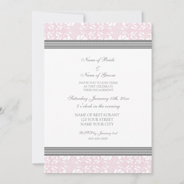 Pink Gray Damask Engagement Party Invitations (Front)