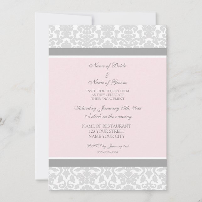 Pink Gray Damask Engagement Party Invitations (Front)