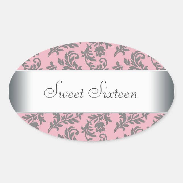 Pink Gray Damask Envelope Seal Party Label (Front)