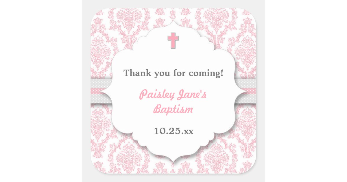 template favor tag shower wedding Christening favor Pink Square Damask girl Baptism Gray