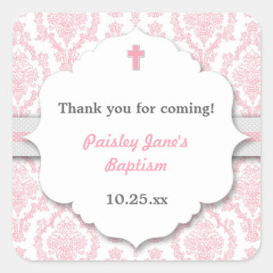 Pink Gray Damask girl Christening Baptism favor Square Sticker