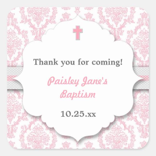 Pink Gray Damask girl Christening Baptism favor Square Sticker (Front)