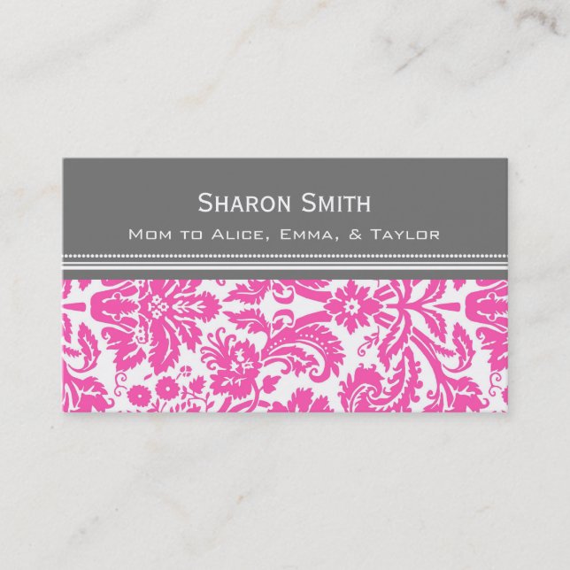 Pink Gray Damask Mom Calling Cards (Front)