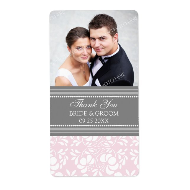 Pink Gray Damask Photo Wedding Labels (Front)