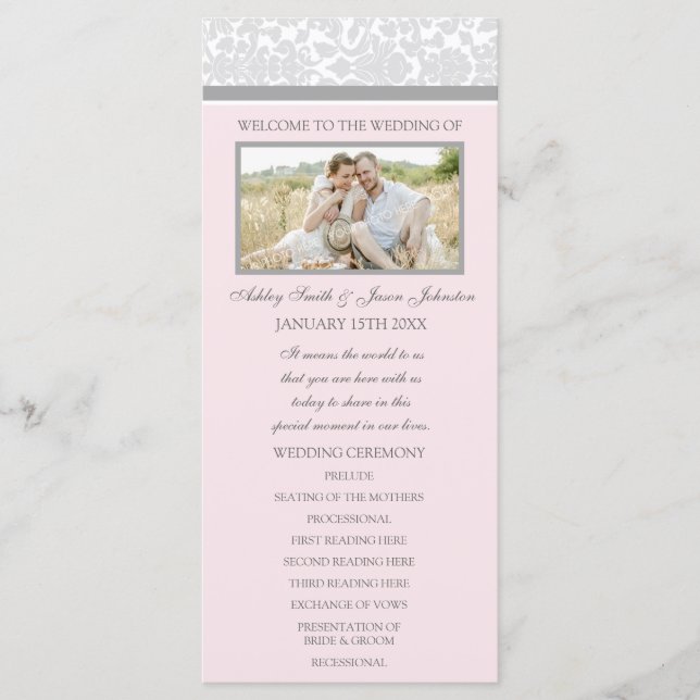 Pink Gray Damask Photo Wedding Program (Front)