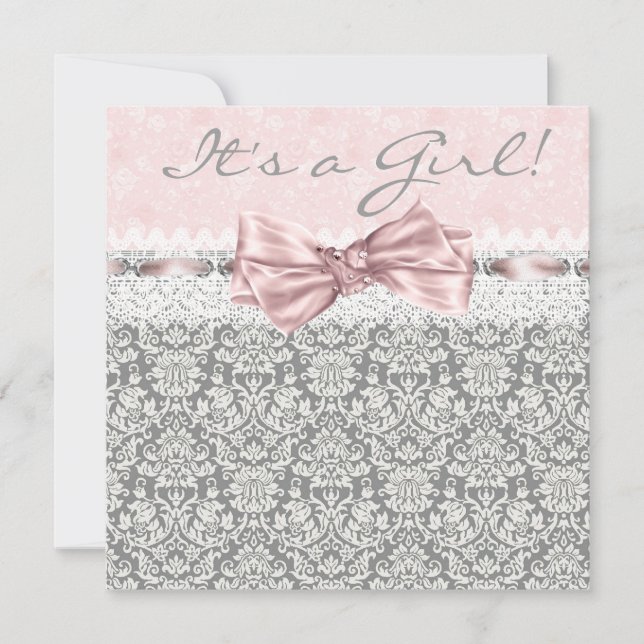 Pink Gray Damask Pink Gray Baby Girl Shower Invitation (Front)