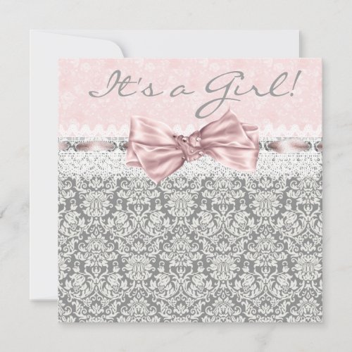 Pink Gray Damask Pink Gray Baby Girl Shower Invitation