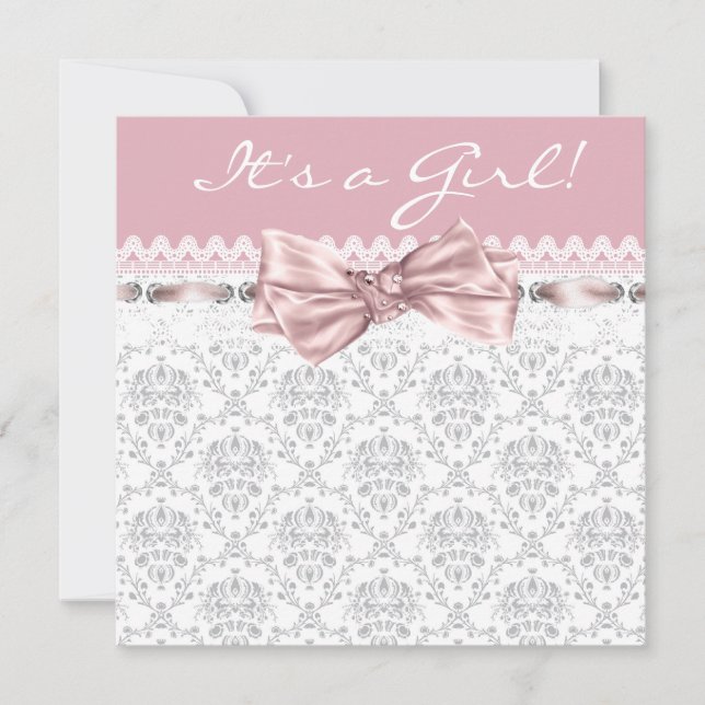 Pink Gray Damask Pink Gray Baby Girl Shower Invitation (Front)