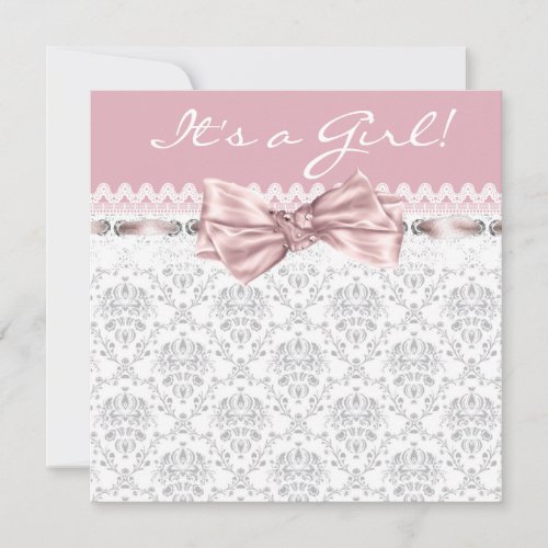 Pink Gray Damask Pink Gray Baby Girl Shower Invitation