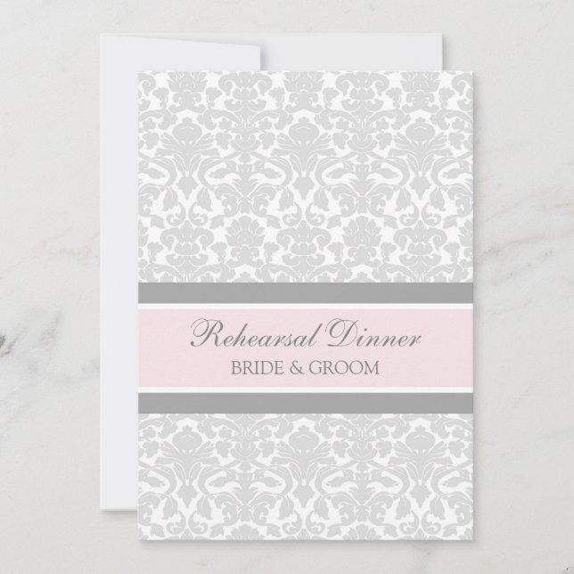 Pink Gray Damask Rehearsal Dinner Party Invitation (Front)