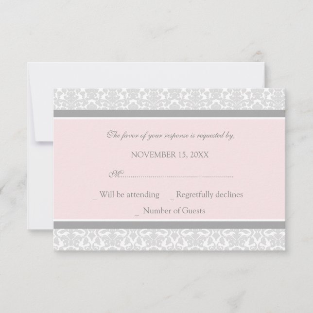Pink Gray Damask RSVP Wedding Card (Front)