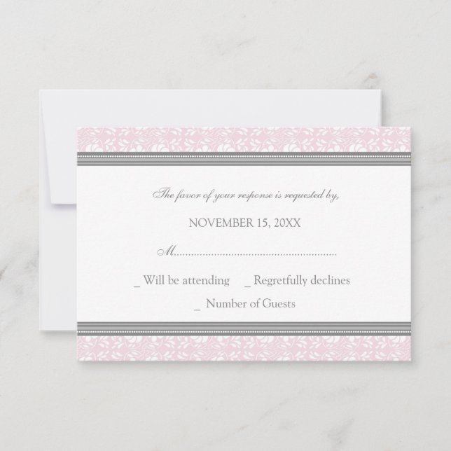 Pink Gray Damask RSVP Wedding Card (Front)