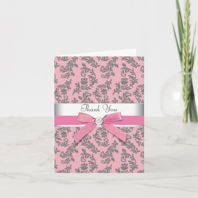 Pink Gray Damask Thank You Cards (Front)