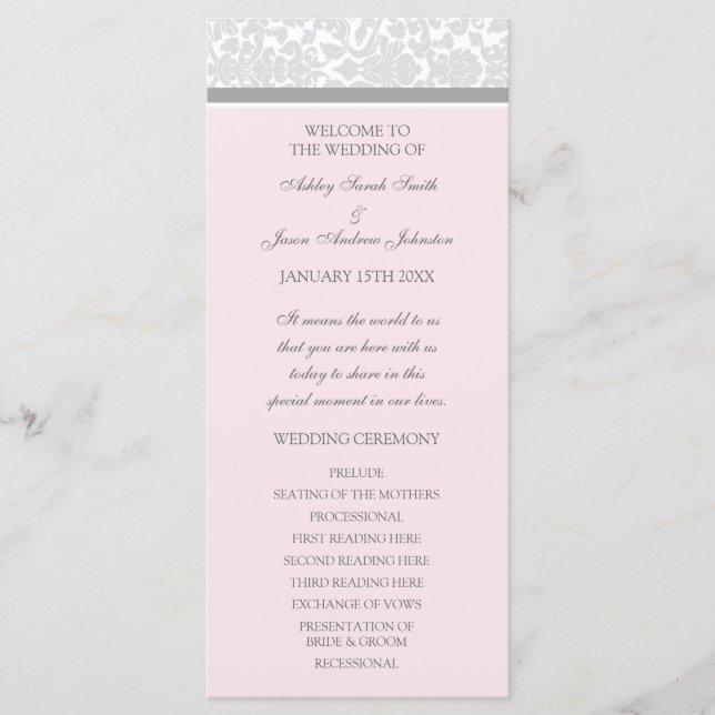 Pink Gray Damask Wedding Program (Front)