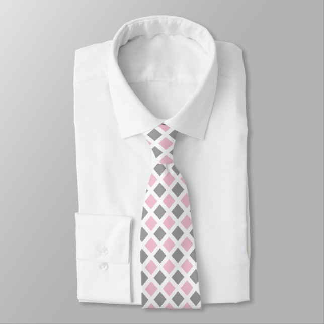 Pink Gray Diamond Geometric Pattern Neck Tie (Tied)
