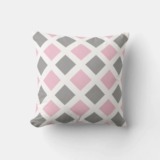 Pink Gray Diamond Geometric Throw Pillow (Front)