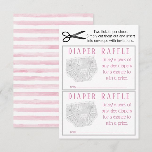 Pink Gray Diaper Girl Diaper Raffle Tickets Invitation (Front/Back)