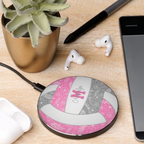 pink gray doodle floral pattern volleyball wireless charger 