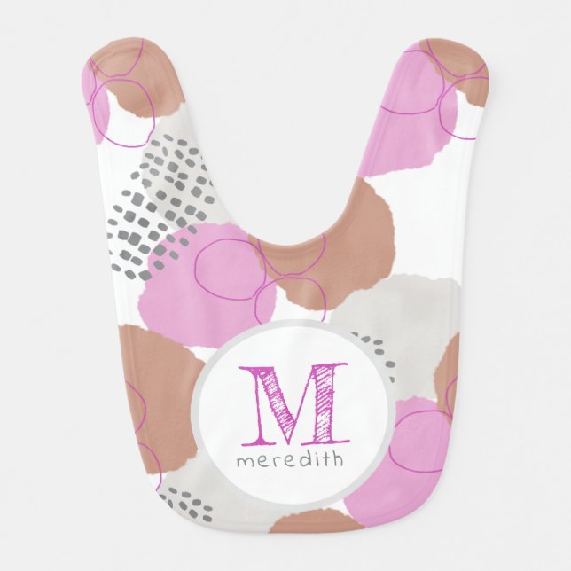 Pink Gray Dots and Spots Modern Abstract Monogram Baby Bib (Front)