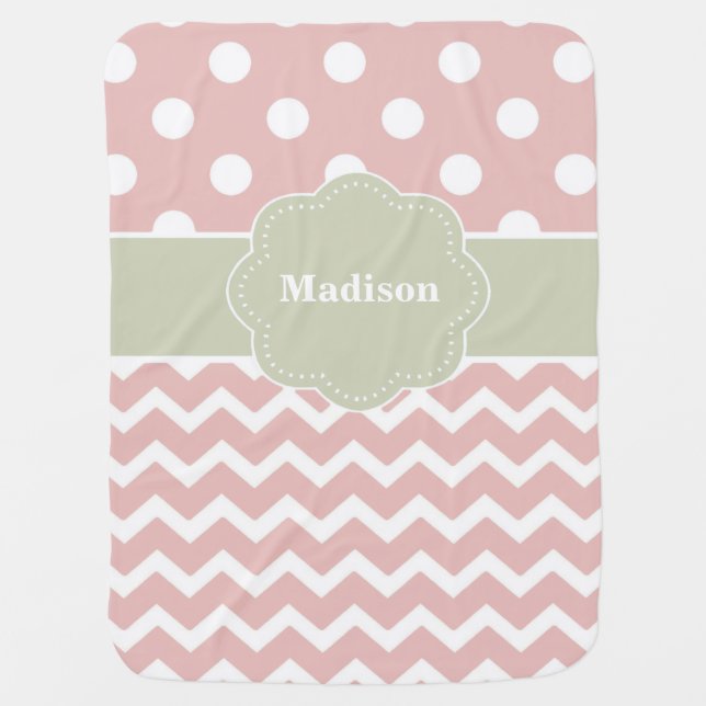 Pink Gray Dots Chevron Personalized Baby Blanket (Front)