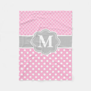 Pink Gray Dots Quatrefoil Monogram Fleece Blanket