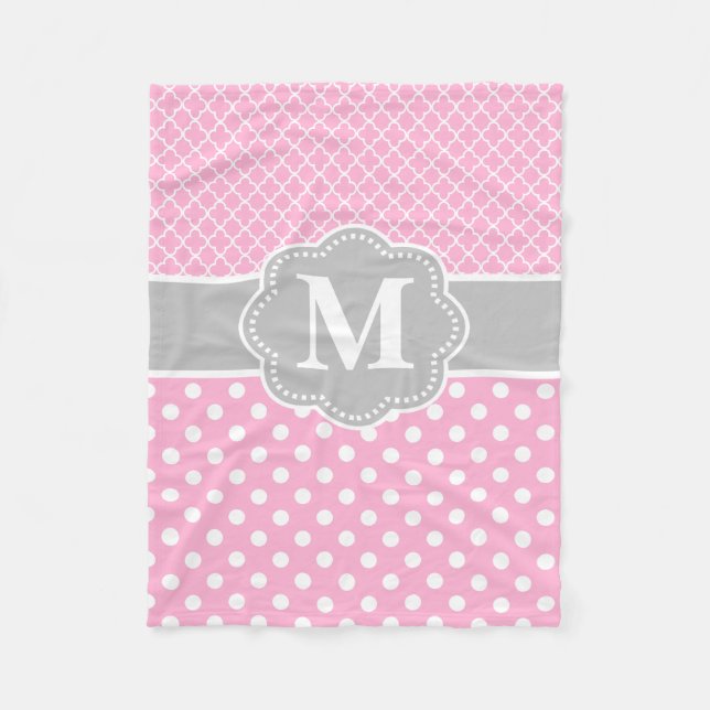 Pink Gray Dots Quatrefoil Monogram Fleece Blanket (Front)