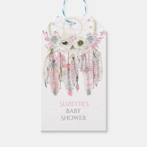 Pink Gray Dream Catcher Arrow Feathers Ribbons Gift Tags