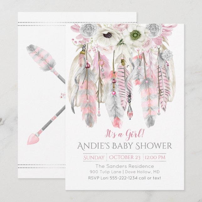 Pink Gray Dream Catcher Floral Feathers Arrows Invitation (Front/Back)