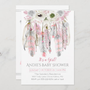 Pink Gray Dream Catcher Floral Feathers Arrows Invitation